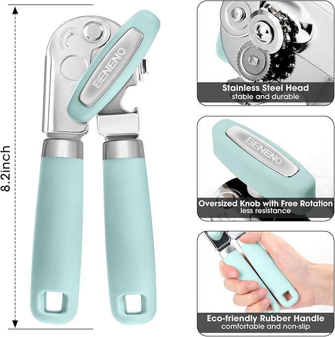 Beneno Heavy Duty Hand Can Opener Manual with Magnet, Durable Sharp Carbon Steel Blade Smooth Cutting, Big Effort-Saving Knob & Soft Grip Handle, Multifunctional Kitchen Tool with Bottle Opener, Mint - Image 2