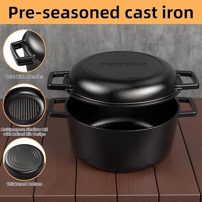 Cast Iron Dutch Oven Pot with Skillet Lid – Pre-Seasoned – Skillet Lid Cooking Pan– PFAS-Free –Umite Chef Cast Iron Skillet Cookware for Bread, Frying, Baking – Dual Handles – Oven, Grill, Campfire & Stovetop Safe – Durable & Non-Toxic, 5QT - Image 7