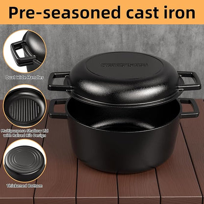 Cast Iron Dutch Oven Pot with Skillet Lid – Pre-Seasoned – Skillet Lid Cooking Pan– PFAS-Free –Umite Chef Cast Iron Skillet Cookware for Bread, Frying, Baking – Dual Handles – Oven, Grill, Campfire & Stovetop Safe – Durable & Non-Toxic, 5QT - Image 7