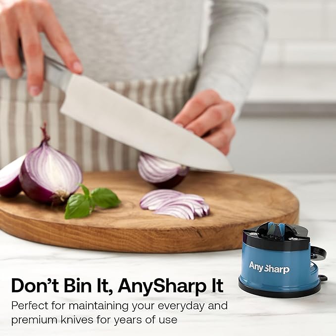 AnySharp – Global – Hands Free Knife Sharpener - Easy to Use Sharpening Tool with PowerGrip Suction Base and 20-Degree Pre-Set Angle - for All Knives: Chef's, Serrated, and Hardened Steel - Blue - Image 8