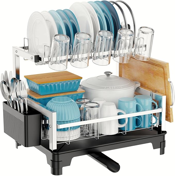 GSlife Stainless Steel Dish Drying Rack 2 Tier, Compact Dish Racks for Kitchen Counter with Cutting Board Holder, Auto-Drain Spout, Rust Proof Dish Drainer for Apartment, 21" L x 12.6" W, Silver by GSlife