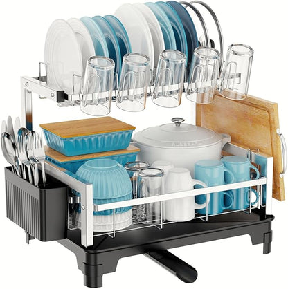 GSlife Stainless Steel Dish Drying Rack 2 Tier, Compact Dish Racks for Kitchen Counter with Cutting Board Holder, Auto-Drain Spout, Rust Proof Dish Drainer for Apartment, 21" L x 12.6" W, Silver by GSlife