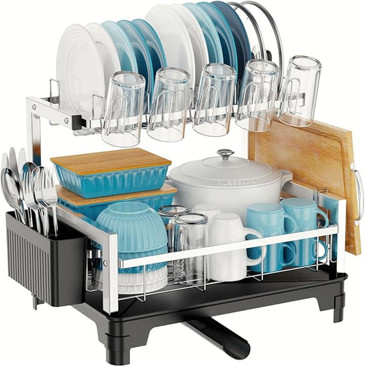 GSlife Stainless Steel Dish Drying Rack 2 Tier, Compact Dish Racks for Kitchen Counter with Cutting Board Holder, Auto-Drain Spout, Rust Proof Dish Drainer for Apartment, 21" L x 12.6" W, Silver by GSlife
