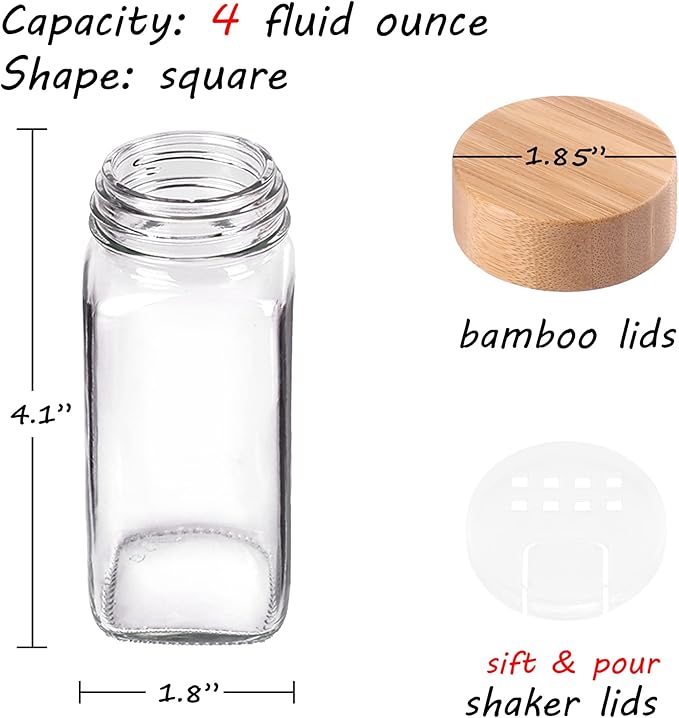 Churboro 48 Spice Jars with Labels- Spice Jars with Bamboo Lids - 4 Oz Glass Spice Containers with Shaker Lids, 547 Spice Labels of 3 Different Types Seasoning Jars for Spice Rack, Cabinet, or Drawer - Image 3