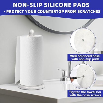 Natural Marble Paper Towel Holder for Kitchen Countertop - 2.6 lbs (1.2kg) Heavy Duty Weighted Base for One-Handed Tearing - Fits Jumbo Rolls - Elegant Modern Design with Ball Top - White & Grey