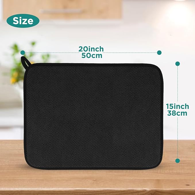 GeeRic Microfiber Dish Drying Mat, Super Absorbent Kitchen Dish Drying Pad, Reversible for Countertop, 15*20 inch Black - Image 2