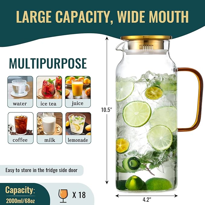 4 Pack 2 Liter/68 oz Glass Pitcher with Lid, Water Pitchers with Handle for Fridge, Large Jug for Iced Tea, Coffee, Borosilicate Glass Carafe for Hot/Cold Brew Drink and Homemade Beverage, Gold - Image 3