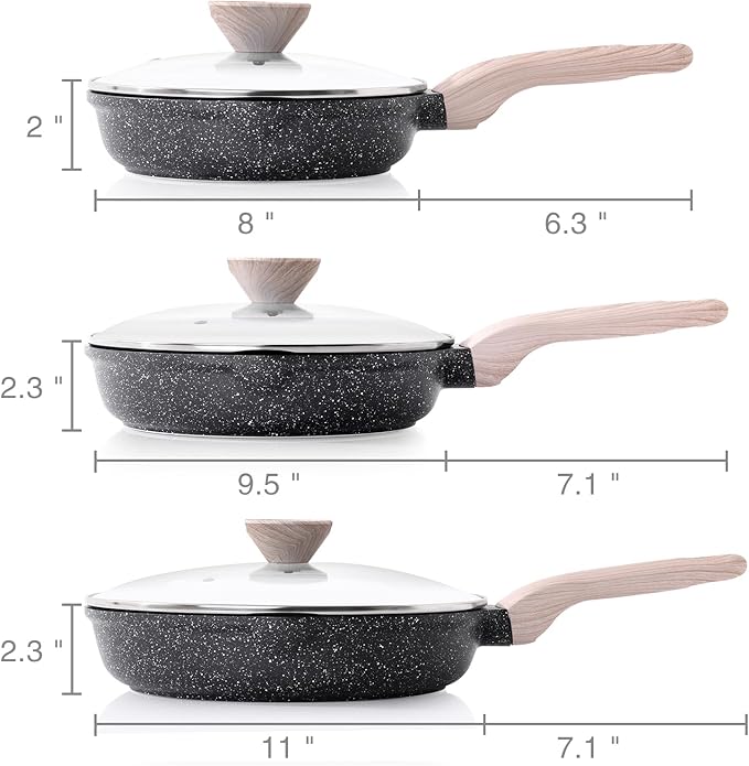 Kordisen Nonstick Frying Pan Set with Lids, 3 Piece Skillet Set, Healthy Induction Cooking Pan, Stay-Cool Handle, Compatible with All Stovetops, PFOA Free (8, 9.5, 11 Inch) - Image 6