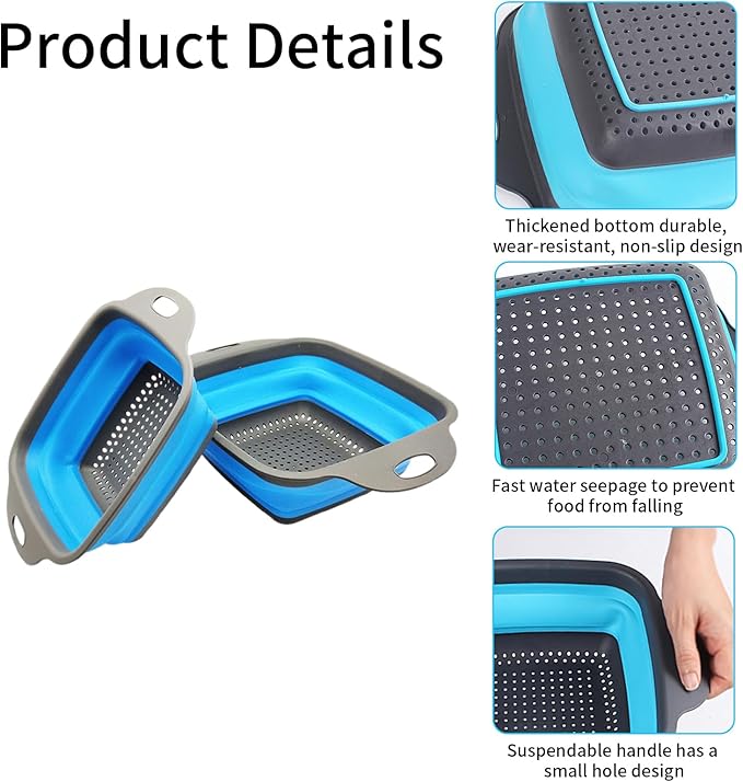 2 PCS Collapsible Colander, Collapsible Strainers for Kitchen, 11.5 inch Silicone Strainer and 9.5 inch Silicone Colander for Draining Vegetable fruit, Kitchen Food Strainer, Blue (Blue) - Image 7