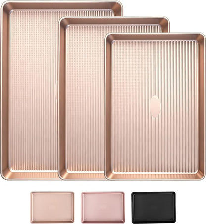 Sakerplus Nonstick Baking Sheet Pan Set of 3, Heavy Duty Cookie Sheets for Oven with Stripe Texture Pattern, 0.6mm Thick Quarter/Half/Jelly Roll Pans, Rust-Resistant & Easy Clean (Champagne Gold) by SakerPlus