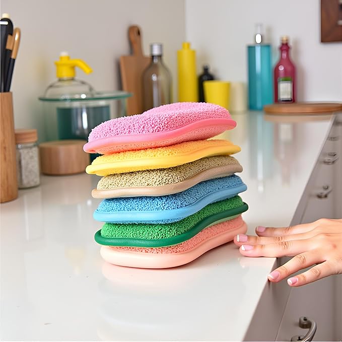 Multipurpose Kitchen Scrub Sponges, Heavy Duty Cleaning Non-Scratch Scrub Sponge, Reusable Microfiber Sponge for Household Cleaning, Six Color Packaging (6pcs) - Image 4