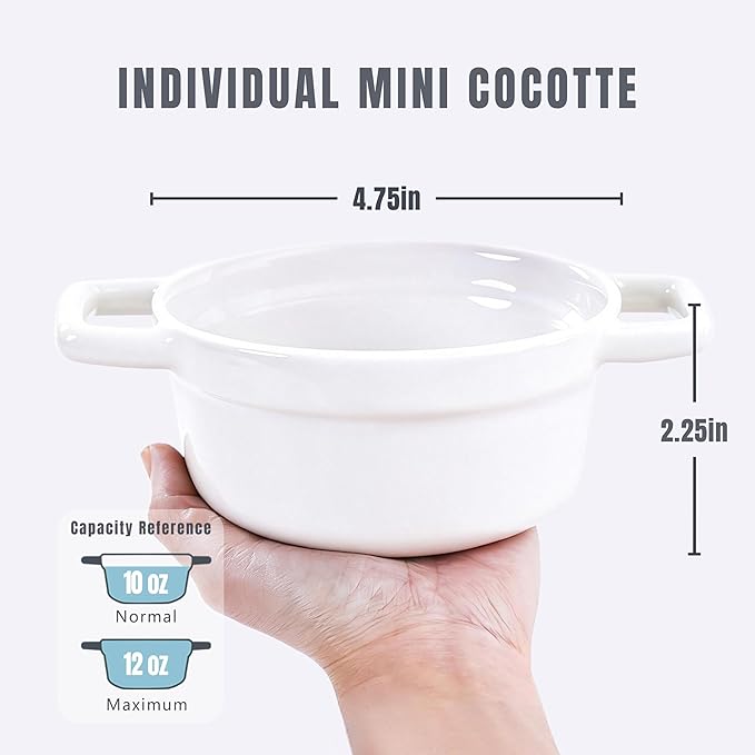 Lareina Mini Cocotte - 12oz Ceramic Casserole Dishes - Kitchen Casserole Sets With Handles And Lid - Small Baking Ramekins - Oven, Microwave & Dishwasher Safe - Set of 4 - White - Image 6