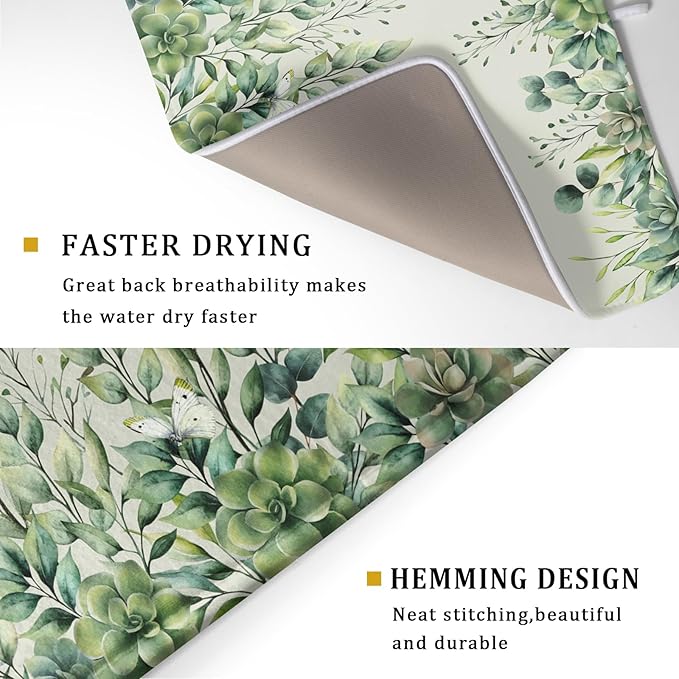 Giwawa Spring Summer Leaf Dish Drying Mat for Countertop, 18"x24" Eucalyptus Leaves Butterfly Dish Drainer Mats, Sage Green Fast Dry Microfiber Large Dish Drying Pad Decoration