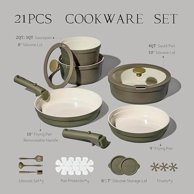 Carote 21pcs Ceramic Cookware Set with Detachable Handles, Pots and Pans Set Non Stick, RV Kitchen Cooking Pot and Pan, Dishwasher Safe, Non-toxic Induction Cookware PFAS and PFOA Free, Olive Green - Image 2