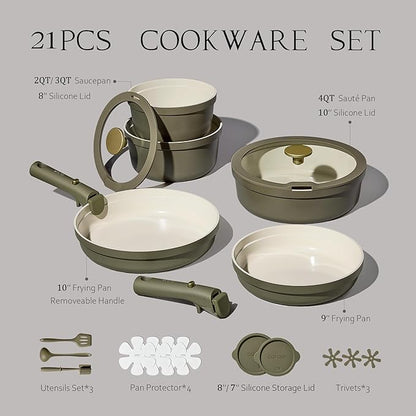 Carote 21pcs Ceramic Cookware Set with Detachable Handles, Pots and Pans Set Non Stick, RV Kitchen Cooking Pot and Pan, Dishwasher Safe, Non-toxic Induction Cookware PFAS and PFOA Free, Olive Green - Image 2