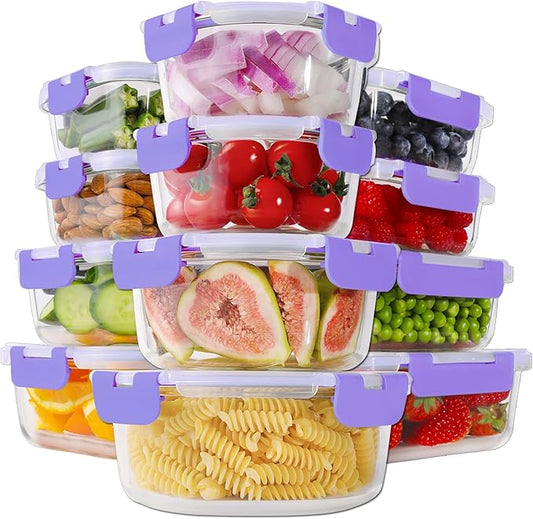 HOMBERKING 24pc Glass Food Storage Containers with Lids, Glass Meal Prep Containers, Airtight Bento Boxes, BPA Free & Leak Proof, Pantry Kitchen Storage(12 lids & 12 Containers) - Purple