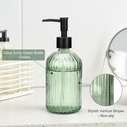 Topsky Glass Soap Dispenser with Black Plastic Pump, 400ml Liquid Hand Soap Dispenser, Rustproof Pump for Kitchen & Bathroom, Great for Lotions, Essential Oil, Liquid Soaps (Army Green) - Image 2