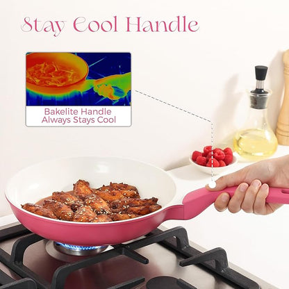 PRICUSIS Nonstick Ceramic Frying Pan, 8/10 Inch Skillet with Stay Cool Handle, Fully Coated, Induction Compatible & Oven Safe, 100% Dishwasher Safe, PTFE PFAS & PFOA Free（10 Inch, Raspberry Red）
