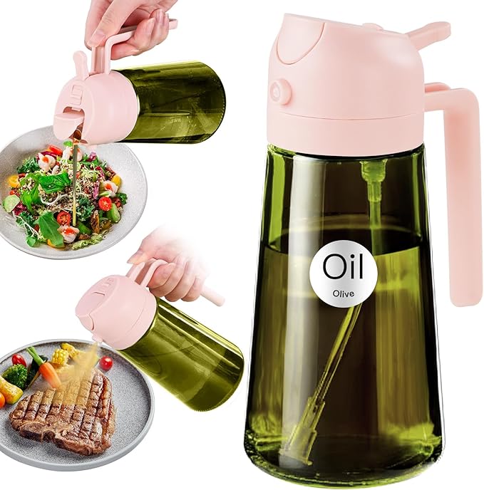 YARRAMATE 16oz/470ml Light-Blocking Dark Oil Sprayer for Cooking, 2 in 1 Olive Oil Dispenser Bottle for Kitchen, Dark Green Glass Oil Bottle, Food-Grade Oil Mister for Air Fryer, BBQ (PeachPink) by YARRAMATE