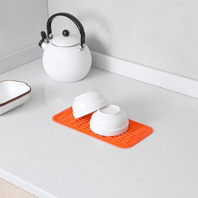 MicoYang Silicone Dish Drying Mat for Multiple Usage,Easy clean,Eco-friendly,Heat-resistant Silicone Mat for Kitchen Counter or Sink,Refrigerator or Drawer Liner Orange S 12 inches x 6 inches - Image 5
