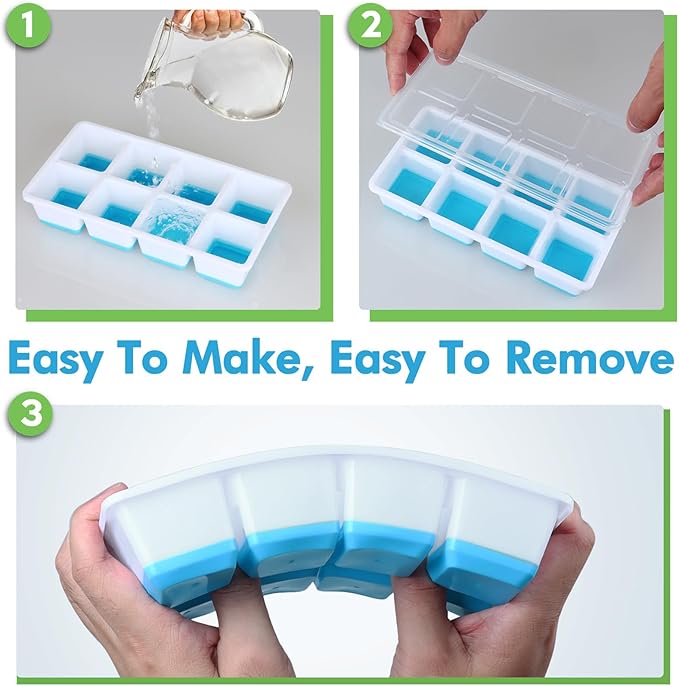 Large Ice Cube Trays with Lid, Jrisbo 2 Pack Stackable Silicone Ice Cube Molds for Freezer, Easy Release 16 Big Square Ice Trays for Whisky Cocktails (Blue) - Image 5