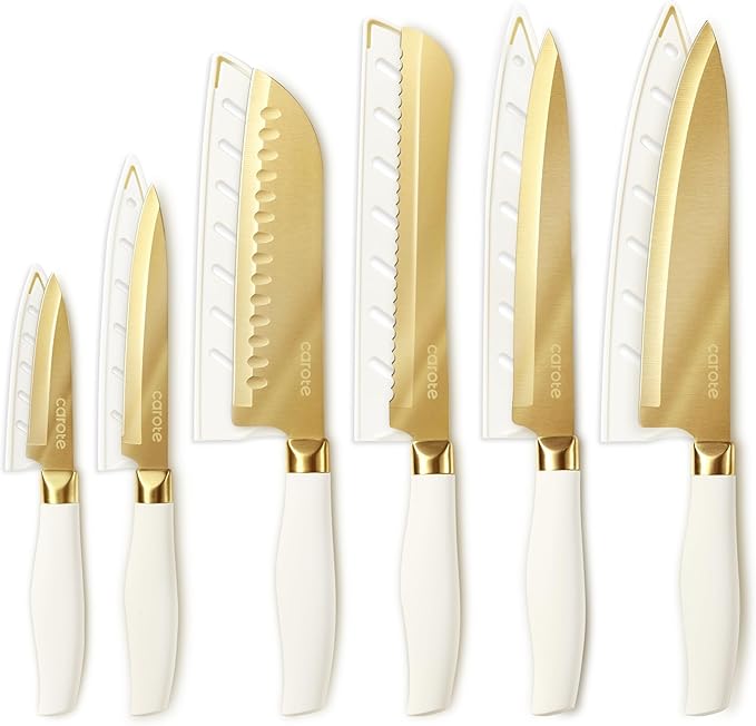 CAROTE 12PCS Kitchen Knife Set, Healthy Gold Titanium Coating Knife Set, Dishwasher Safe with 6 Blade Guards, Rustproof Stainless Steel Cutlery Set, White and Gold by CAROTE