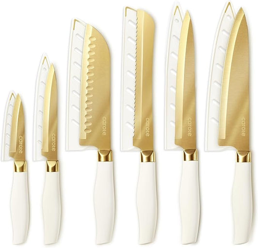 CAROTE 12PCS Kitchen Knife Set, Healthy Gold Titanium Coating Knife Set, Dishwasher Safe with 6 Blade Guards, Rustproof Stainless Steel Cutlery Set, White and Gold by CAROTE