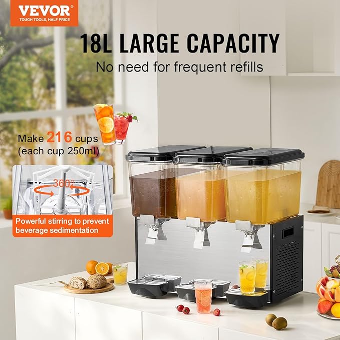 VEVOR Commercial Beverage Dispenser, 3 Tanks 18 L / 19 QT Per Tank Juice Dispenser, 512W Stainless Steel Ice Tea Drink Machine with 45°F-54°F Cooling Temperature, for Cold Drink Restaurant Bar Party - Image 2