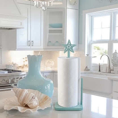 Leinuosen Beach Starfish Paper Towel Holder Rustic Beach Coastal Wooden Paper Towel Holder Turquoise Blue Nautical Ocean Bathroom Accessories Kitchen Roll Stand Organizer Apartment Housewarming Gift