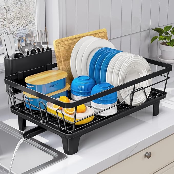 Urackify Dish Drying Rack for Kitchen Counter, Sink Dish Rack with Drainboard 12.2" W x 16.5" L, Large Dish Drainer with Cutlery Holder, Home Countertop Plate Dryer Storage Rack, Black - Image 7