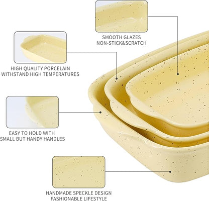 Casserole Dish Set of 3,Lasagna Pan,Ceramic Bakeware for Oven,Rectangular Baking Dishes with Handles,High Heat Resistant,Colorful Speckle Stoneware Series (13.8''/12''/9.6''Yellow) - Image 4