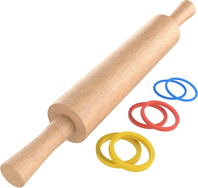 Classic Wooden Rolling Pin with Handle for Fondant, Pizza, Pies, Cookies, Pastries, Rolling Pin for Baking with 3 Multi-Color Thickness Rings, 17"x2.5" (Include handle) Beechwood Rolling Pin by MeppleMakeYourLifeSimple