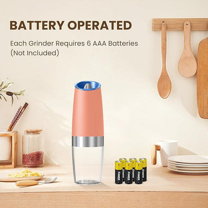 Gravity Electric Salt And Pepper Grinder Set, Automatic Salt And Pepper Grinder Set, Battery Powered (6 AAA Batteries Each), Adjustable Roughness, LED Light, 2 Pack, (Pink) - Image 2