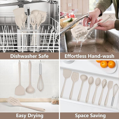 TeamFar 8 PCS Silicone Cooking Utensils - 446°F Heat Resistant Kitchen Silicon Utensils Set, Turner, Spatula, Spoon, Whisk, Kitchen Cooking Gadgets Tools for Nonstick Cookware, Dishwasher Safe-Khaki - Image 6