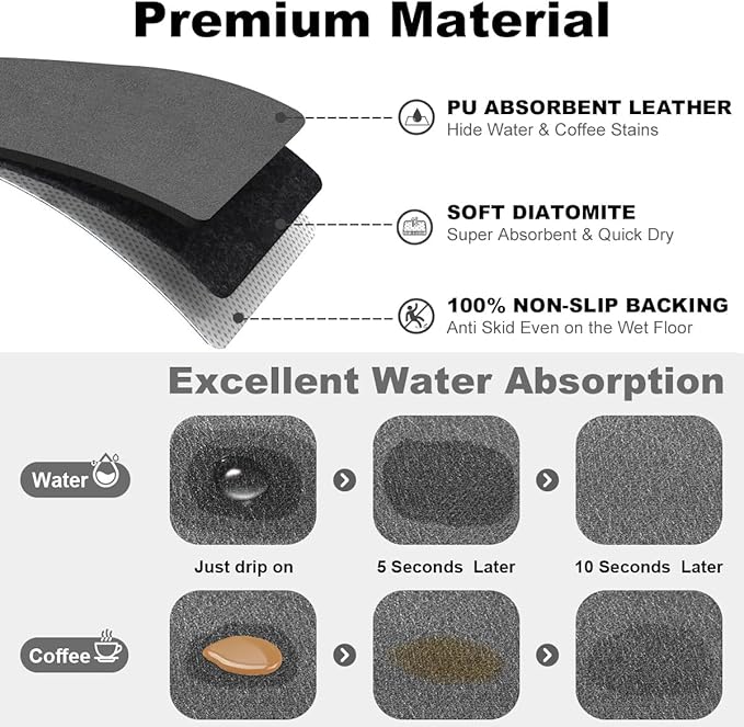 Findosom Dish Drying Mat, 12"x 20" Super Absorbent & Hide Stain Coffee Mat, Cuttable Drying Mat for Kitchen Counter, Coffee Bar Accessories, Under Dish Rack, Coffee Maker, Espresso Machine, DarkGrey-2 - Image 5