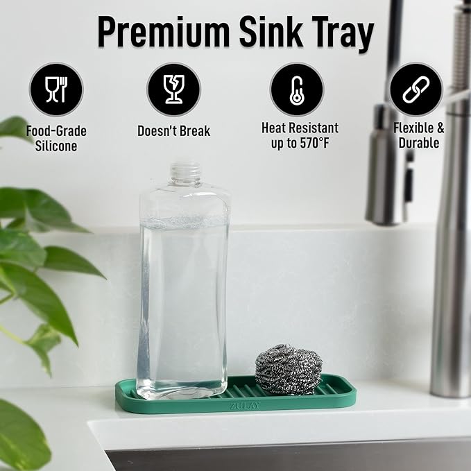 Zulay Kitchen (9x3.5) Silicone Sponge Holder for Kitchen Sink - Flexible Multipurpose Soap Tray - Sink Organizer for Kitchen, Bathroom, Makeup, Trinkets & More (Pine Green) - Image 2