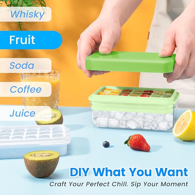 PHINOX Ice Cube Tray With Lid and Bin, Ice Trays for Freezer, Flexible Ice Cube Trays, Making 56 pcs Ice Cubes, Chilling Cocktail, Whiskey, Coffee, with 2 trays, Ice Container, Scoop&Cover, BPA Free - Image 5