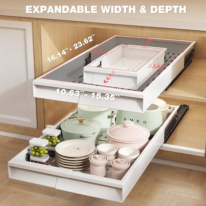 Seinloes 2 Pack Pull Out Cabinet Organizer With Raising Pad for Framed Cabinets,Expandable Width (11"-16") and Depth (17"-24"),3 Slide Rails Slide Out Drawers with Handle,No-Drill Roll Out Shelf,White - Image 4