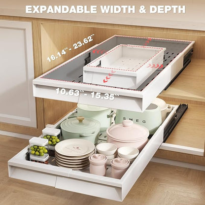 Seinloes 2 Pack Pull Out Cabinet Organizer With Raising Pad for Framed Cabinets,Expandable Width (11"-16") and Depth (17"-24"),3 Slide Rails Slide Out Drawers with Handle,No-Drill Roll Out Shelf,White - Image 4