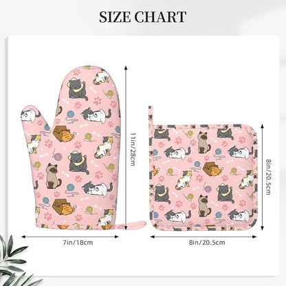 Cute Cats Oven Mitts and Pot Holders Sets Heat Resistant Non-Slip Silicone Oven Gloves Kitchen Accessories for Cooking Baking Grilling BBQ