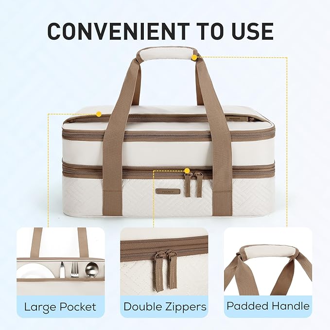 TOURIT Double Decker Insulated Casserole Carrier for Hot or Cold Food Expandable Thermal Food Carrier for Picnic Cookouts Potluck Parties Fits 9" x 13" Baking Dish - Image 4
