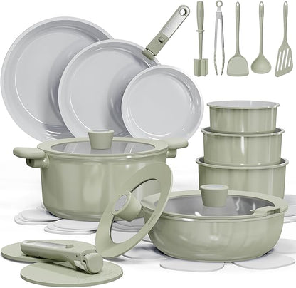 CAROTE 27pcs Ceramic Cookware Set Nonstick, Pots and Pans Set Non Stick, Non Toxic Cookware Detachable Handles, Dishwasher/Oven Safe, RV/Camping Cookware, Pan and Pot with Kitchen Utensils, Green by CAROTE