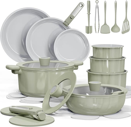 CAROTE 27pcs Ceramic Cookware Set Nonstick, Pots and Pans Set Non Stick, Non Toxic Cookware Detachable Handles, Dishwasher/Oven Safe, RV/Camping Cookware, Pan and Pot with Kitchen Utensils, Green by CAROTE