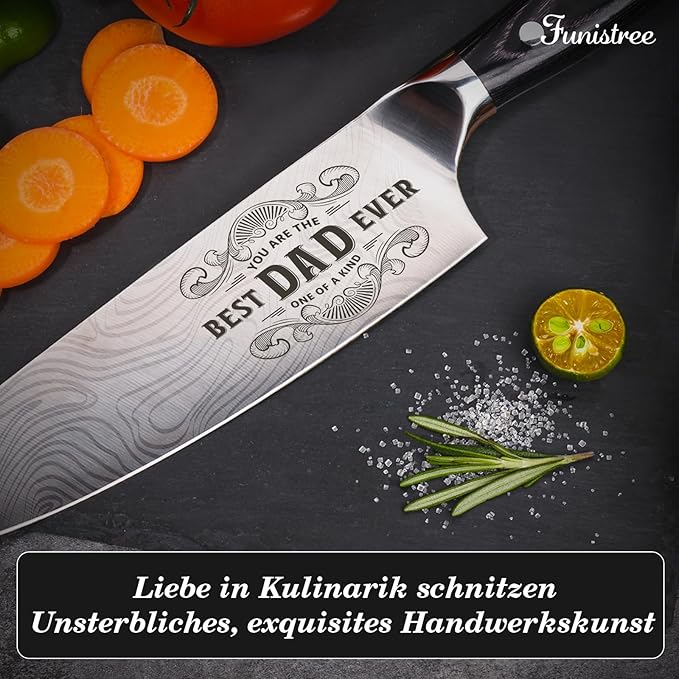 Funistree Dad Gifts from Daughter Wife Son, Best Dad Ever Kitchen Knife Gift Set with Wooden Box, Dad Birthday Gift Ideas, 8" Professional Chef Knife, Dads Birthday Gift for Men Husband