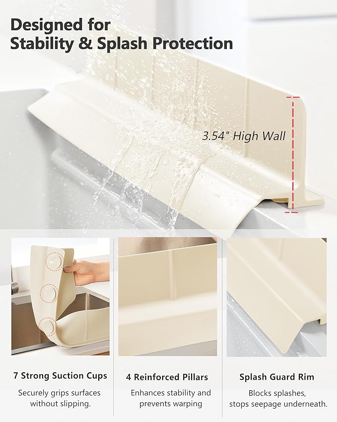 Kitchen Sink Splash Guard 23" 18" 30" Self-Draining Silicone Water Guard with High Splash Wall & Strong Suction Cups for Faucet, Countertop & Sink Edge, Keeps Sinks Dry, Dishwasher Safe,Cream