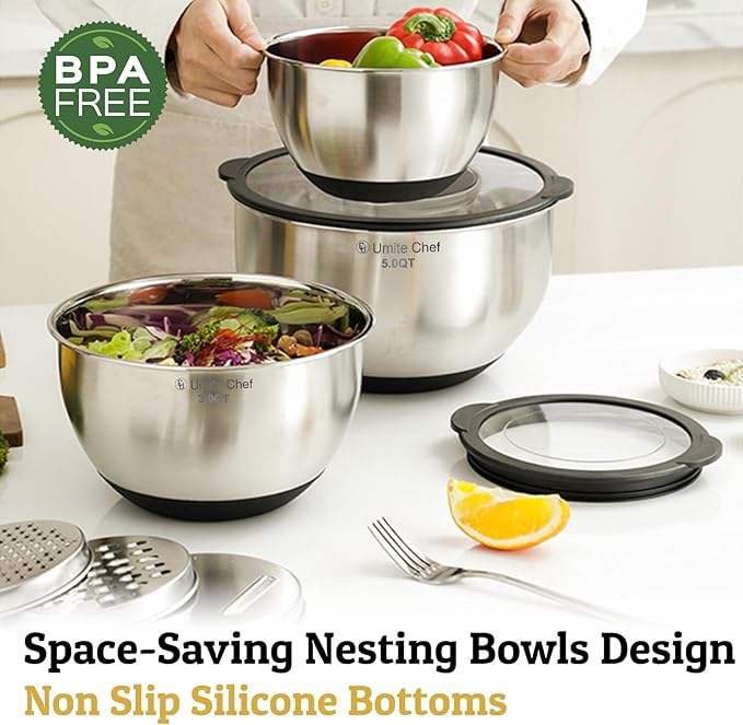 Mixing Bowls with Lids Set - Non-Slip, Airtight Warp-Proof TPR-AS Lids, Thicker Stainless Steel Bowls, Measurement Lines & 3 Graters, Prep Meal Bowl, Black Nesting Bowl for Kitchen, 5/3/2/1.5/0.63QT - Image 5