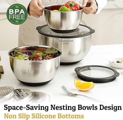 Mixing Bowls with Lids Set - Non-Slip, Airtight Warp-Proof TPR-AS Lids, Thicker Stainless Steel Bowls, Measurement Lines & 3 Graters, Prep Meal Bowl, Black Nesting Bowl for Kitchen, 5/3/2/1.5/0.63QT - Image 5