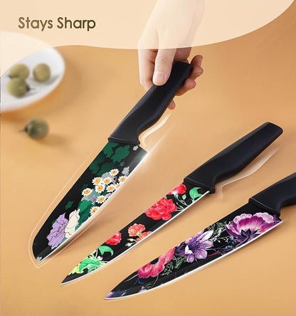 Astercook Knife Set, 12-Piece Flower Kitchen Knives Sets with Blade Guards, Dishwasher Safe, German High Carbon Stainless Steel, Perfect Gifts for Kitchen - Image 3