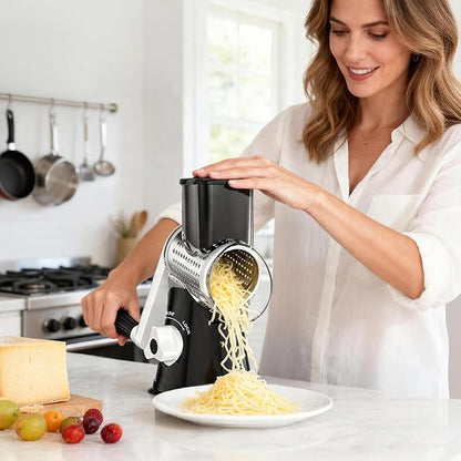 Ourokhome Rotary Cheese Grater Hand Crank, Kitchen Shredder Speed Mandolin Slicer Nuts Grinder with Handle and Drum Blades for Cheese, Vegetable, Walnut, Chocolate, Potato, Carrot, 3 Blades, Black - Image 5