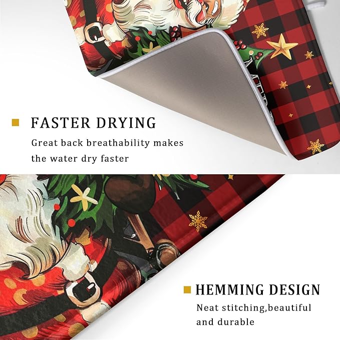 Merry Christmas Santa Claus Red Buffalo Plaid Dish Drying Mat for Kitchen Counter,Winter Snowflake Xmas Tree Drying Mat 18 x 24 Inch with Absorbent Reversible Microfiber Dish Drying Pad for Coffee Bar - Image 3